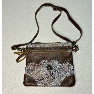 Myra Western Style Crossbody Bag in Brown and Blue with Copper Color Hardware